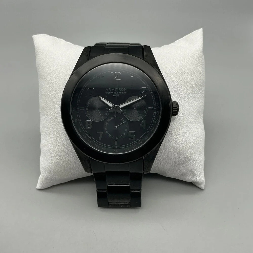 Armitron Mens Watch 48mm Black Dial Black Stainless 20/5236TI New Battery 7.75